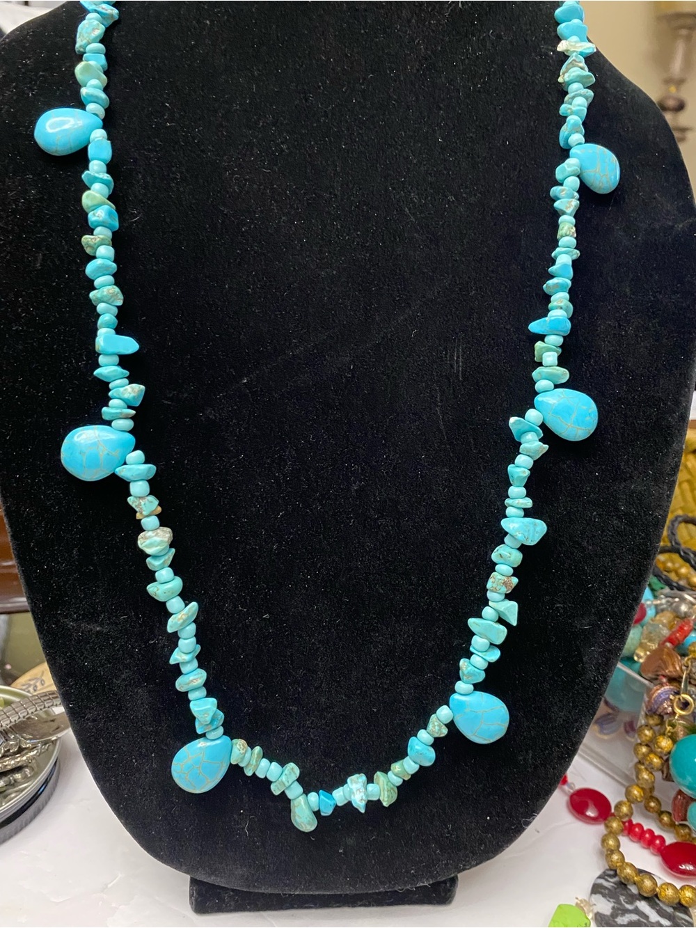 Turquoise Howlite Chip Bead Necklace with Teardrop Accents 28” long